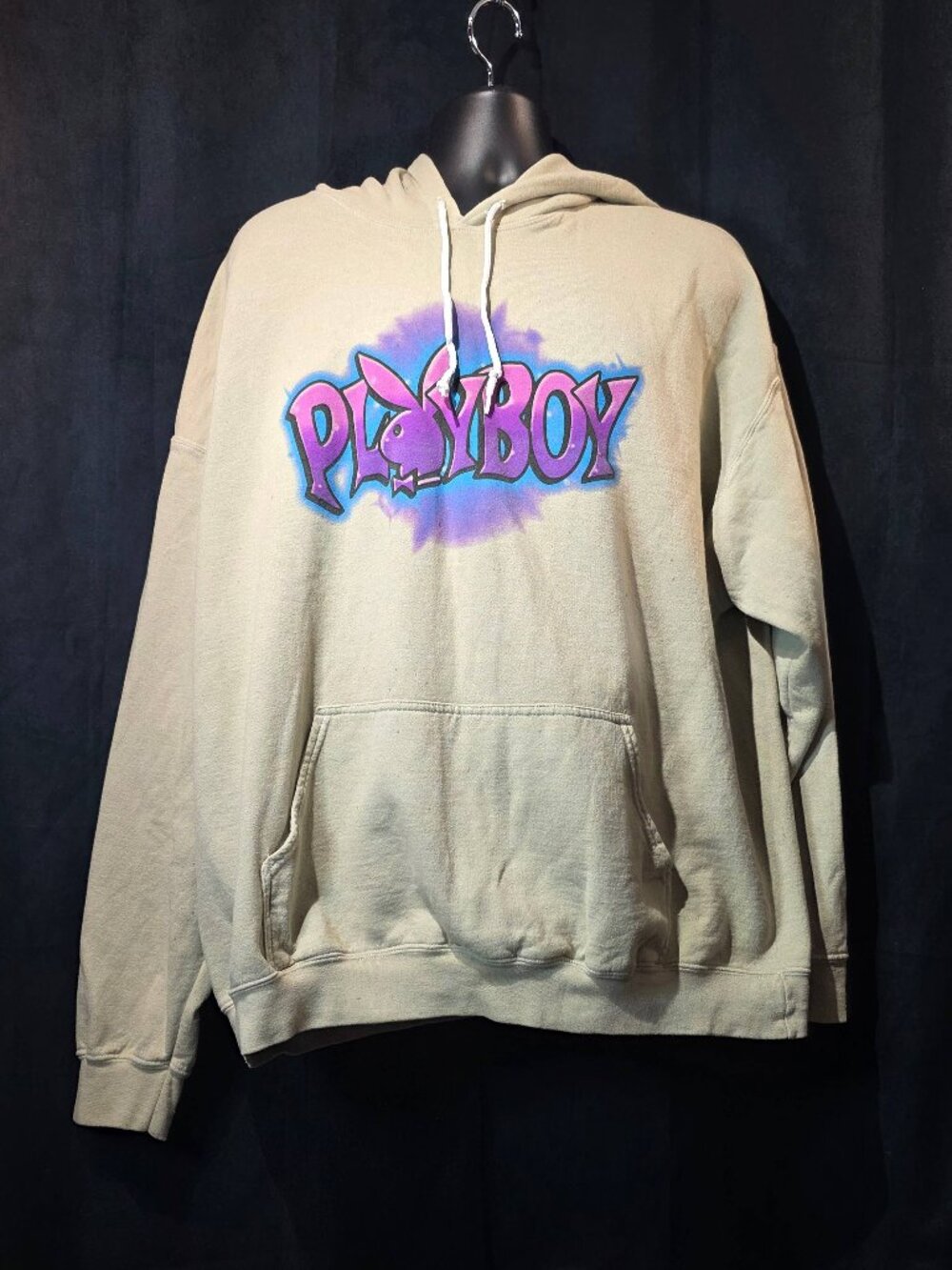 Playboy Airbrush Bunny Logo Hoodie Sweatshirt Size XL Tan Beige